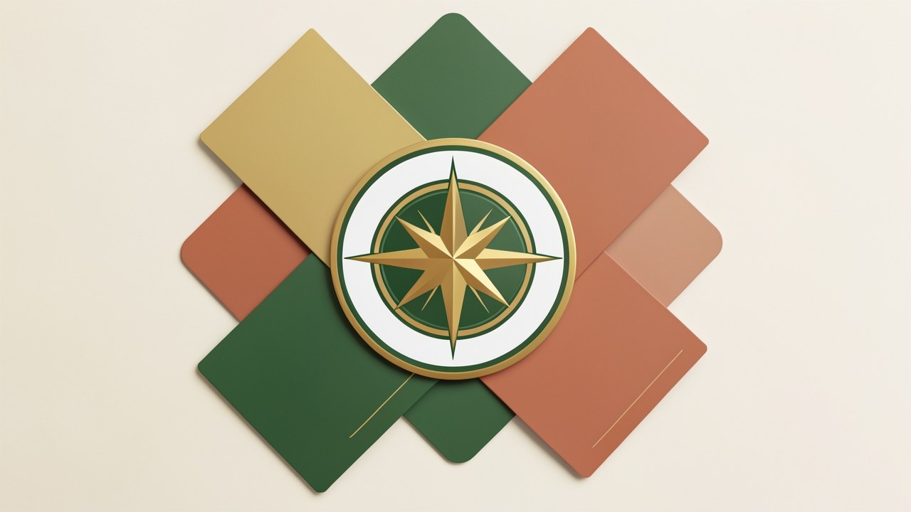 A stylized illustration featuring a large compass rose at the center, with several overlapping credit cards arranged around it on a warm off-white background, suggesting guidance