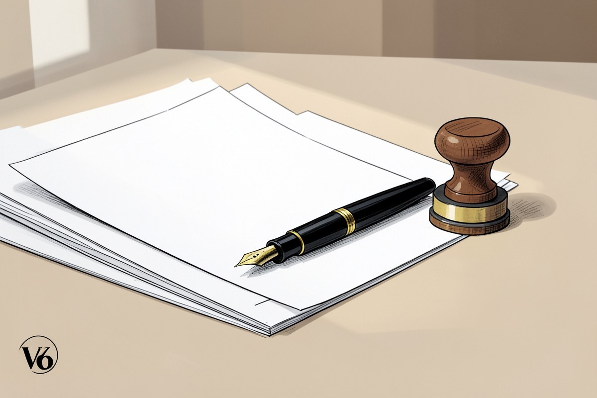 A stack of documents with a fountain pen and a small stamp on a clean desk, symbolizing editorial standards and fact-checking.