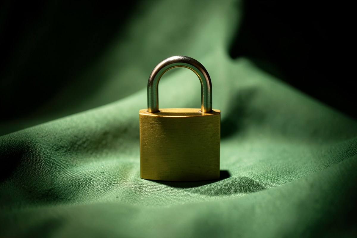 A padlock integrated with a keyhole, gently placed on a soft green fabric background, suggesting data protection and privacy.