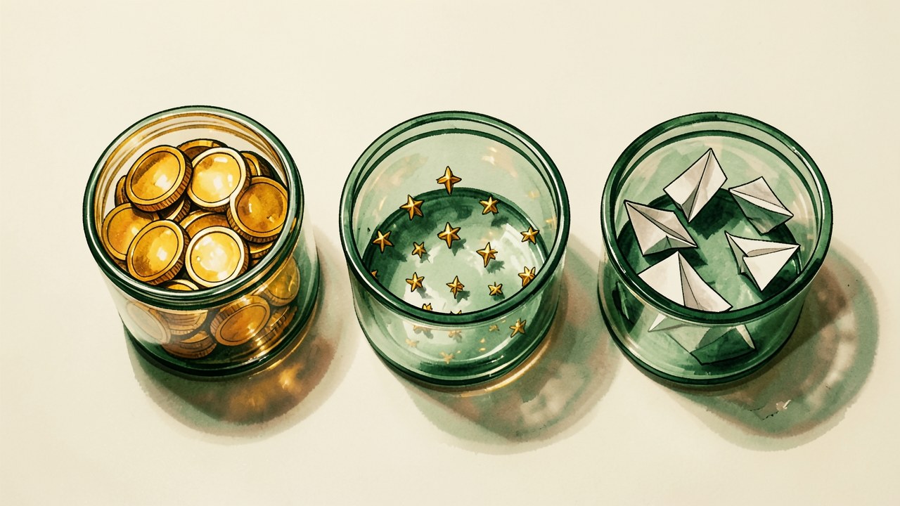 An abstract representation of three distinct reward types: three transparent containers filled with gold coins, points, and paper planes, placed on a light surface.