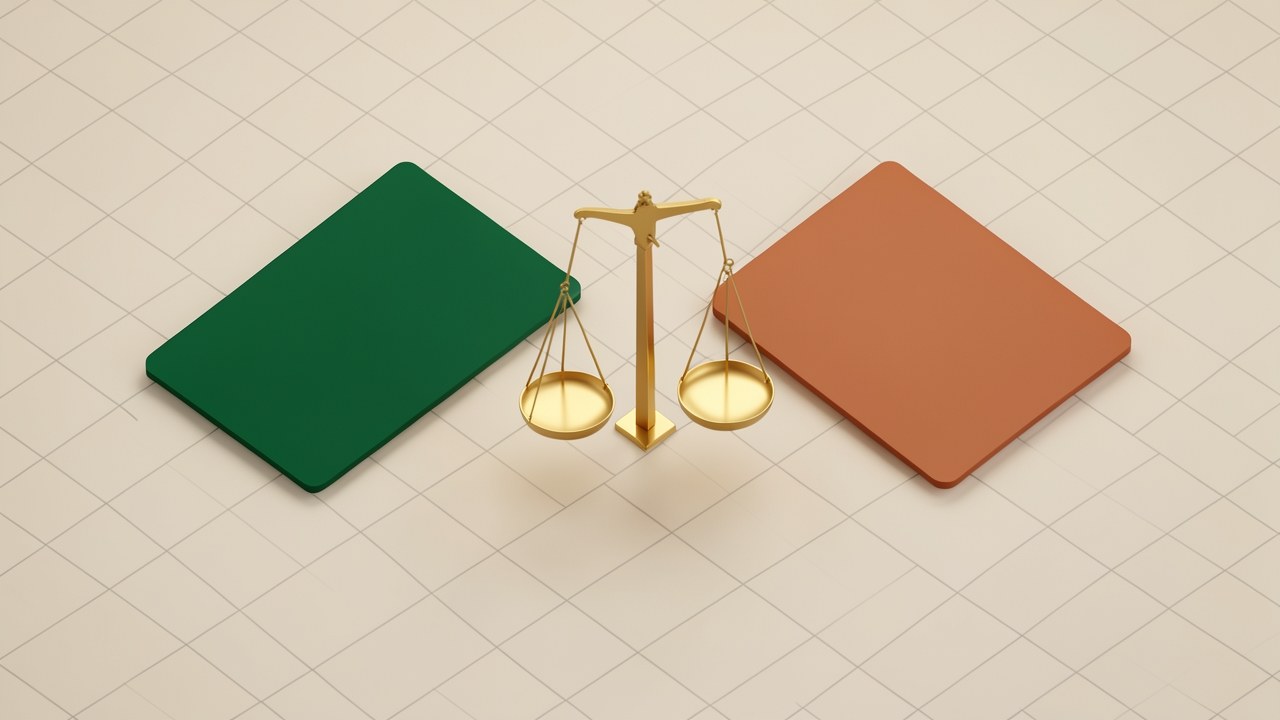 Two credit cards side by side on a graph paper background with a balance scale in the middle, representing comparison and weighing options.