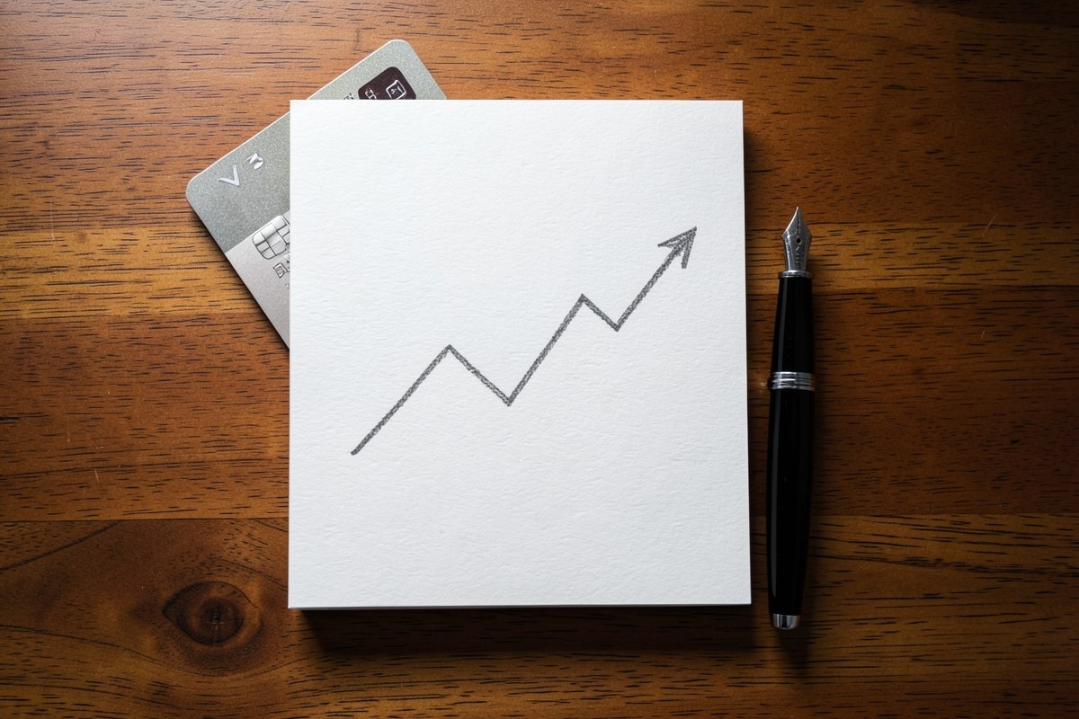A growth chart drawn on a notepad with three ascending arrows, along with a credit card and a fountain pen, suggesting strategies to increase rewards.