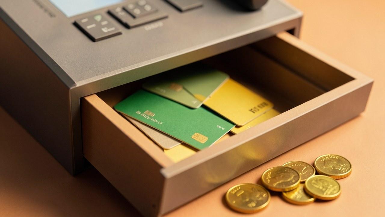 A cash register drawer open with multiple cashback cards and golden coins popping out, representing financial return on spending.