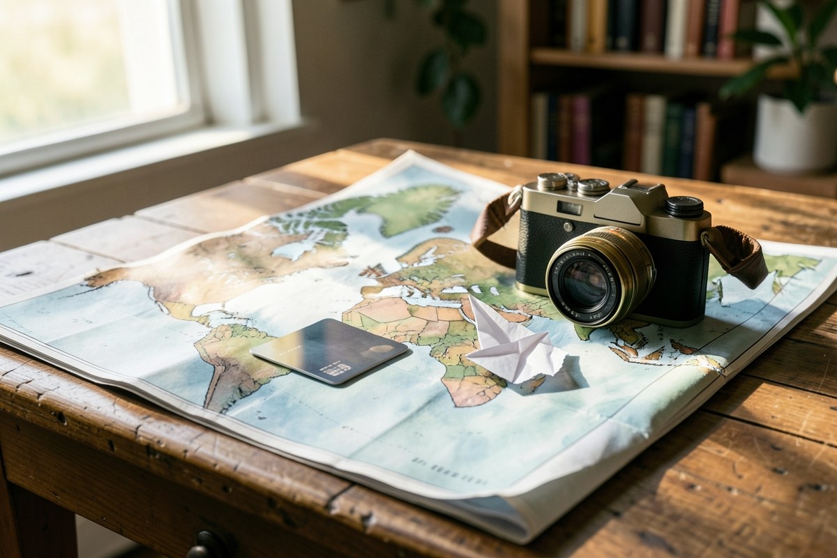 A credit card placed on a world map with a small paper plane and a camera beside it, hinting at travel benefits.