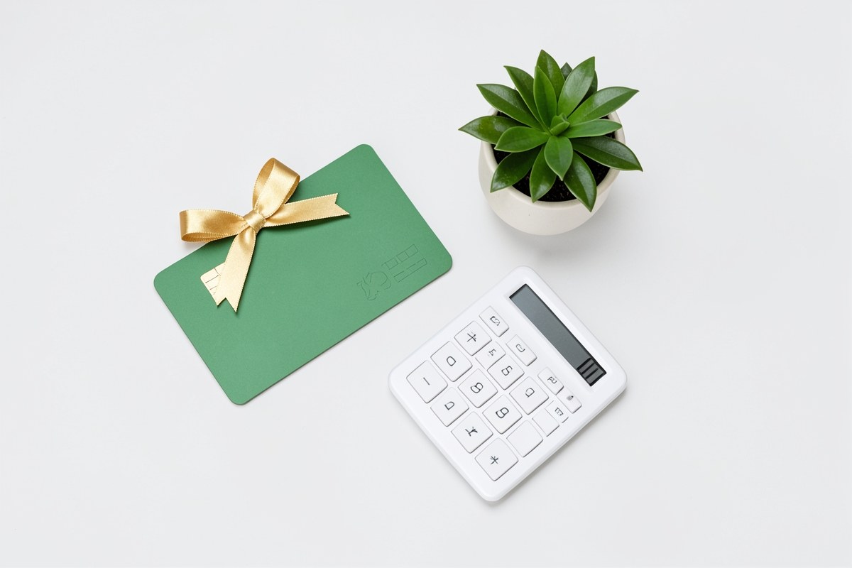 A credit card with a golden ribbon tied around it, next to a calculator and a green plant, symbolizing a fee-free and budget-friendly option.