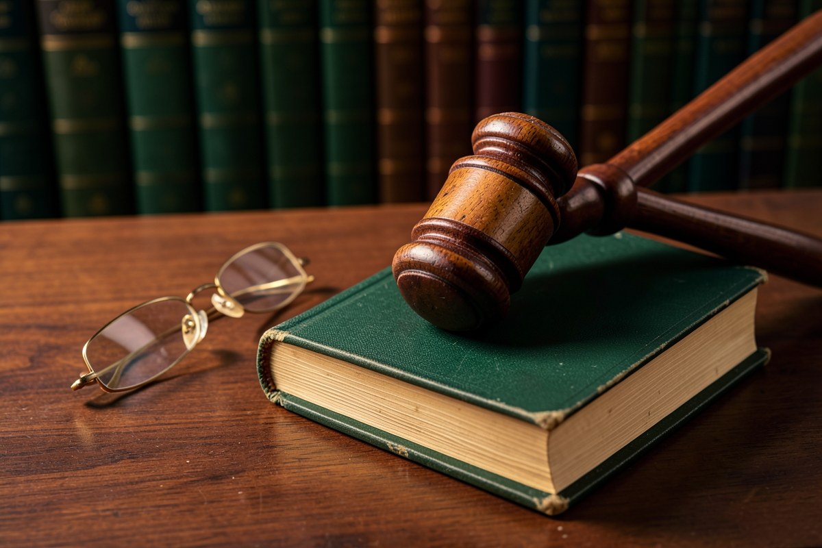 A gavel and a legal book on a wooden desk, symbolizing terms and conditions.